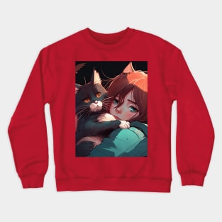 2d illustration of woman hugs her cat in anime style Crewneck Sweatshirt